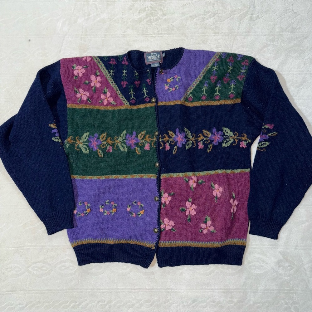 Vintage Woolrich Floral Color‎ Block Patchwork Button Up Sweater